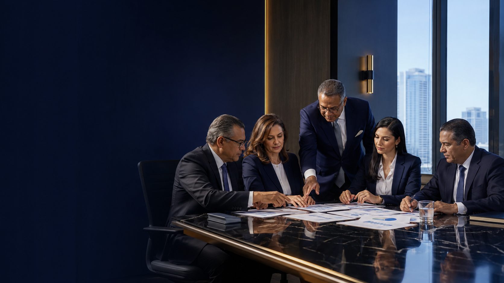 Socios de una firma de auditoría revisando informes financieros en una sala de reuniones ejecutiva